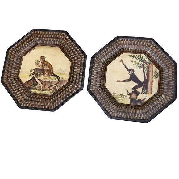 Set Of 2 Toyo Octagon Monkey Decorative Plates Bamboo Look - Picture 1 of 10